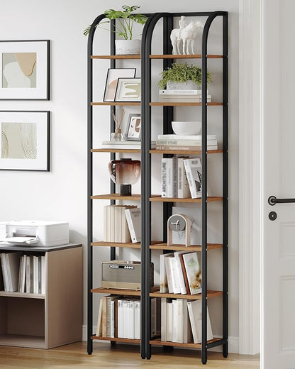 Bookshelf Narrow Bookcase, Tall Storage Rack with Steel Frame, Display Standing Shelf Unit, Skinny Book Shelf for Study Living Room, Home Office, Industrial, 7-Tier Rustic Brown BC57701B