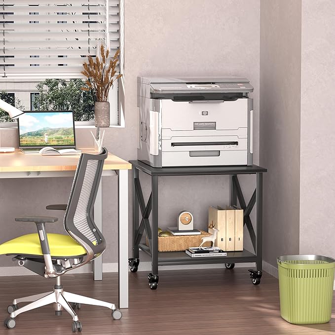 Printer Stand, 23.6 x 23.6 Inches Large Printer Stand with Storage Shelf, 2 Tier Printer Table for Home Office, Rolling Printer Cart with Industrial Wheels, Mini Fridge Stand Table, Black