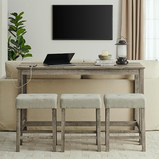 59" Power Outlet Mid Century Console Table, Slim Console Table with Solid Wood Frame, Long Narrow Console Tables for Living Room & Kitchen, Brown