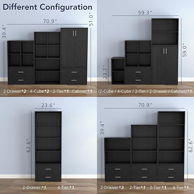 Homes: Inside + Out Apexa 3-Cube Storage Organizer Shelves, Stackable Wood Bookcase Fits Cubby Bins for Organization, Dorm Teen Room Decor & Home Office, Black