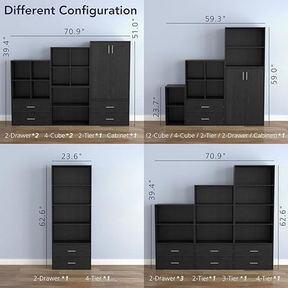 Homes: Inside + Out Apexa 3-Cube Storage Organizer Shelves, Stackable Wood Bookcase Fits Cubby Bins for Organization, Dorm Teen Room Decor & Home Office, Black