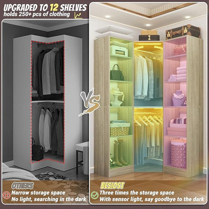 Corner Closet System with 2 Motion Sensor Lights, 39.2" Corner Closet Organizer with 12 Shelves, Closet System with 2 Hanging Rods, Versatile 6-Tier Walk-in Closet for Corner Space, White Oak