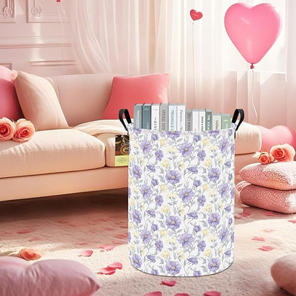 HUNRUNG Laundry Hamper,Large Canvas Fabric Lightweight Storage Basket Toy Organizer Dirty Clothes Collapsible Waterproof for College Dorms（Round-Purple Flowers）