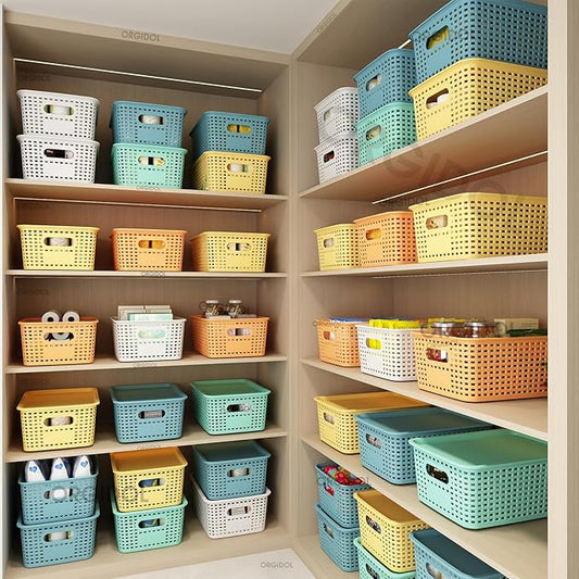Plastic Storage Basket with Lids 10 Pack Stackable Colorful Storage Bins Containers with Lid, Decorative Storage Boxes for Organizing Shelves, Drawers, Playroom, Classroom, Office, Closet