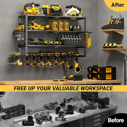 YYR Large Power Tool Organizer Wall Mount, Heavy Duty Metal Cordless Drill Storage Rack with Battery Charging Station Shelf, Utility Racks for Garage Organization, 4 Layer 10 Drills Holder Extra Tall