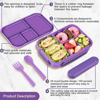 Lunch Box Kids,Bento Box Adult,Leakproof Lunch Containers for Adults/Kids/Toddler,1200ML-4 Compartments bento Lunch box with Utensil,Microwave & Dishwasher & Freezer Safe (Purple)