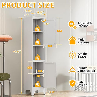 67" H White Metal Narrow Pantry Cabinet with 2 Doors and 2 Adjustable Shelves, 5 Tier Small Thin Storage Cabinet with Legs and Gold Handle for Kitchen,Home Office,Bath,Laundry,Easy Assembly