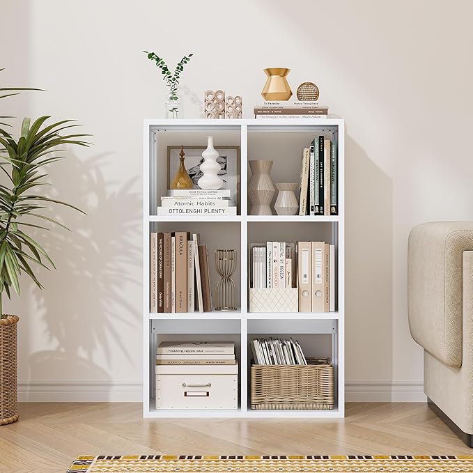 6-Cube Storage Organizer, Modern Cube Shelf, 3 Tier Bookshelf Storage Unit, Open Cubicle Bookcase for Living Room, Bathroom, Entrance Hall, Entryway
