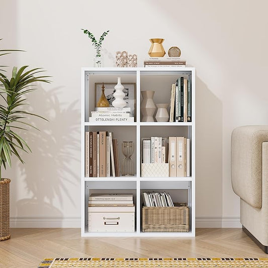 6-Cube Storage Organizer, Modern Cube Shelf, 3 Tier Bookshelf Storage Unit, Open Cubicle Bookcase for Living Room, Bathroom, Entrance Hall, Entryway
