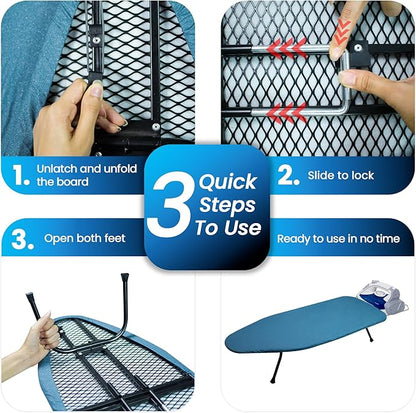 Metal Mesh Panel Tabletop Ironing Board | Foldable Iron Board | Heavy Duty Small Iron Board with Heat Resistant Cover and 100% Cotton 8mm Thicken Pad (Blue)