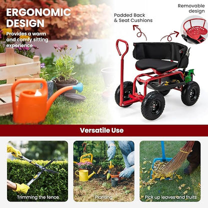 Giantex Rolling Garden Cart, 360 Swivel Workseat with 4 Wheels, Removal Cushion & Tool Tray, Storage Basket, Gardening Wagon Scooter with Adjustable Height, Handle (Red)