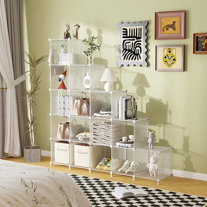 AWTATOS Cube Storage Organizer, 16 Cube Closet Organizers and Storage Shelves, DIY Stackable Bookshelf for Bedroom, Home, Translucent Twill
