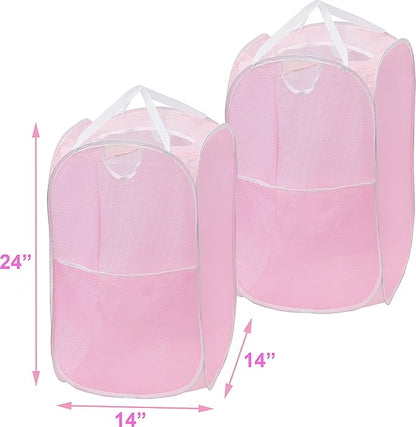 Simple Houseware Mesh Pop-Up Laundry Hamper Basket With Side Pocket, Pink - 2 Pack
