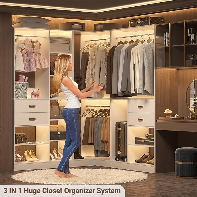 Armocity Freestanding Closet System with 3 Sets, 110'' Reversible Stand-alone Wardrobe, 80'' Height Cloth Garment Organizer, Walk-in Closet with Hanging Rod, 71"L x 71"W x 80"H, Load 2500 LBS, White