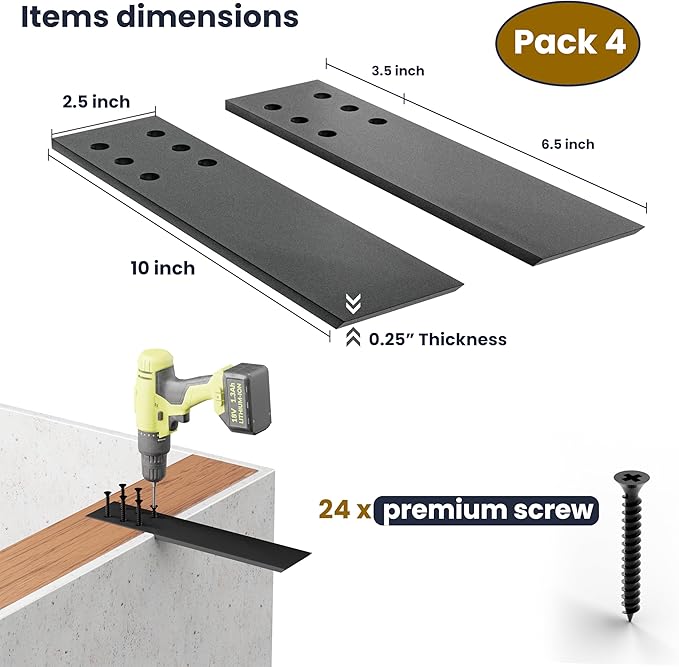 BATODA 10" Countertop Support Brackets (4 pcs) for Granite - Heavy Duty L Shelf Bracket - Wall Mounted Support for DIY Open Shelving – Knee Wall Support - Mounting Hardware Included ( Pack 4 )