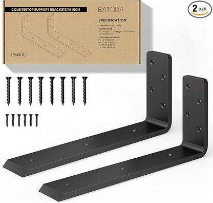 BATODA 14” Countertop Support Steel Brackets (2 pcs) for Large Granite - Heavy Duty L Floating Shelf Bracket - Black Metal Wall Mounted Support for Wood Shelving – Mounting Hardware Included