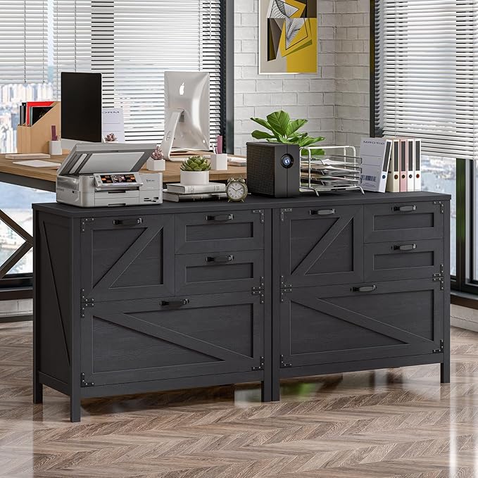 Vabches Wood Lateral File Cabinet with 4-Drawer for Hanging Files Letter/A4/Legal Size, Large Farmhouse Filing Cabinets for Home Office, Printer Stand with Office Cabinet, Office Furniture, Black