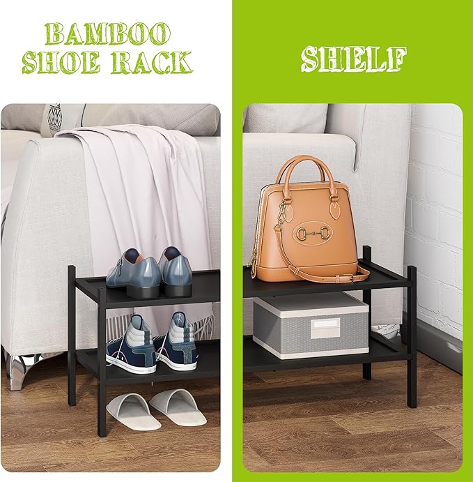 BMOSU 2-Tier Bamboo Shoe Rack Premium Stackable Shoe Shelf Storage Organizer for Hallway Closet Living Room Entryway Organizer(Black)