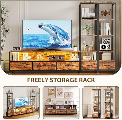 GarveeHome Entertainment Center, with 5 Fabric Drawer & 2 Bookshelf, TV Console Table with Shelf, LED & Power Outlets, for Home Office