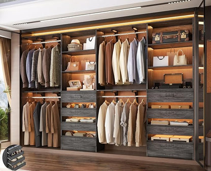 Aheaplus Closet System with 8 Wooden Drawers, Wood Closet Organizer System with Tower, Walk-in Closet Organizer Wardrobe Clothes Rack with 4 Hanging Rods, Garment Rack, Cut to Fit 7-12Ft, Black Oak1