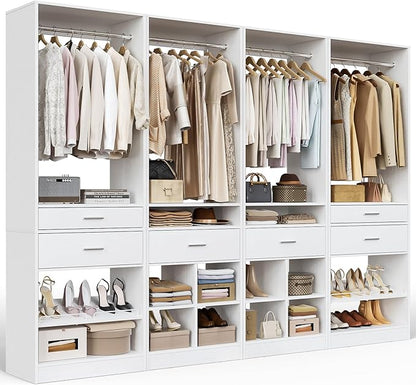 Unikito Closet System, 8.3FT Closet Organizer with 6 Wooden Drawers, Hanging Rods, Adjustable Shoe Rack and Cube Storage, Easy Assembly Wardrobe Tower, Set of 4, White