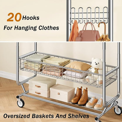 Heavy Duty Clothes Rack with Metal Basket, 720 LBS Rolling Double Rod Garment Rack, Portable Extendable Clothing Rack with Wheel for Bedroom, Laundry Room & Retail Store