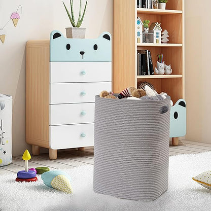 Large Laundry Hamper 16"x13"x22" - Tall Woven Laundry Basket, Cotton Rope Dirty Clothes Hamper, Baby Kids Nursery Wicker Laundry Basket, Bedroom Aesthetic, Soft Laundry Bin, Gray Hamper, 75L