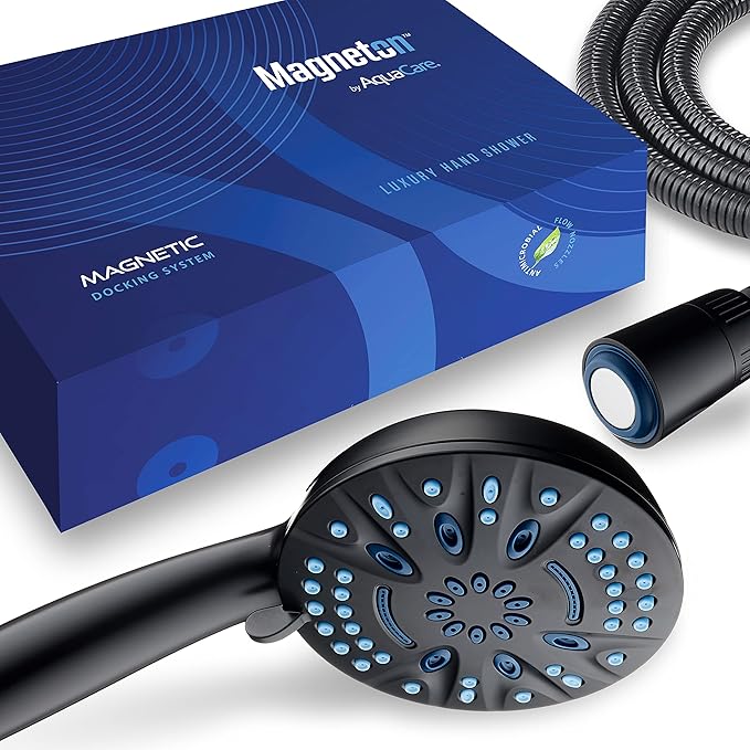 AquaCare Magneton High-Pressure 8-mode Handheld Shower Head with Magnetic Guidance Docking System - 2 Magnetic Brackets, 5 inch Face, Hygienic Jets, 6 ft. Stainless Steel Hose/Matte Black Finish