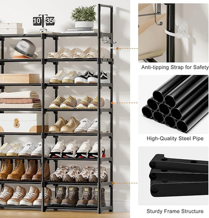 WOWLIVE Extra Large Shoe Rack, 4 Rows 8 Tier 56-64 Pairs Big Tall Metal Shoe Organizer, Stackable, Large Capacity Boot Rack Storage Organizer for Entryway, Closet, Garage, Black