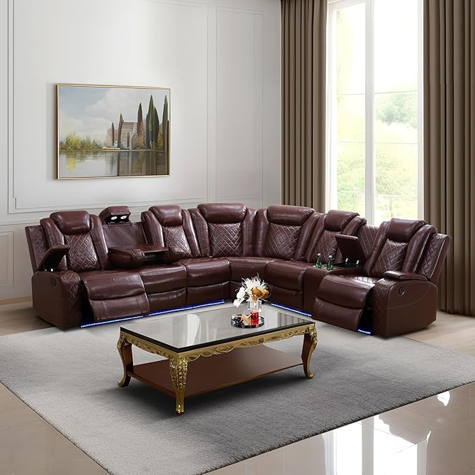 Leather Sectional 3-Piece Living Room Furniture Sets with LED Light, Power Recliner Sectional Sofa, Brown Power Reclining Sofa Couches Set with Cup Holder/Storage Console for Home Theater