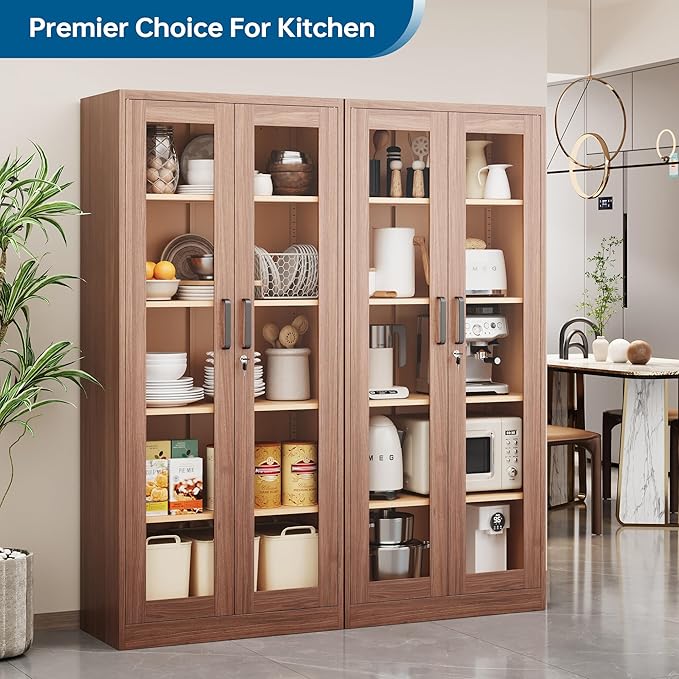 Display Cabinet with Glass Doors, 71 Inches Metal Display Case with 4 Adjustable Shelves, Curio Storage Cabinet with Lock for Home, Office, Book, Pantry, Assemble Required (Wood Color)