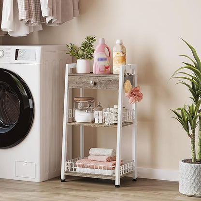 3-Tier Ladder Shelf with Drawer, Bathroom Table Stand for Small Space, Standing Bathroom Shelves with Storage for Living Room Kitchen Bedroom, Organizer Shelf, White