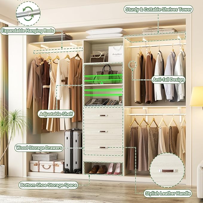 Closet System with 3 Drawers - 8FT Wood Closet Organizer with 3 Shelving Tower & Hanging Rods, 96" Walk-in Wardrobe Closet Organizer System for 4-8FT Spaces, Heavy Duty Garment Clothes Rack, White Oak