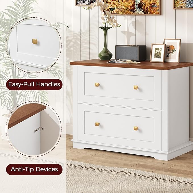2 Drawers Lateral File Cabinet, Farmhouse Wooden Filing Cabinet, Printer Stand for Home Office, Office Storage Cabinet for A4/Letter-Size Hanging Files,White and Walnut FCBA8001