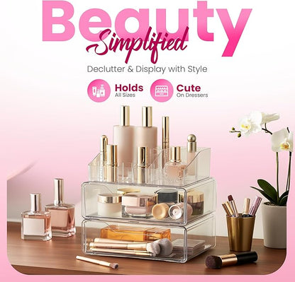 Masirs Clear Makeup Organizer - Acrylic Cosmetic Vanity Storage Organizers for Girls Dresser, Bathroom, Desk Counter - Plastic Make Up Holder, Jewelry Box (2-Drawer | Multi Compartments)