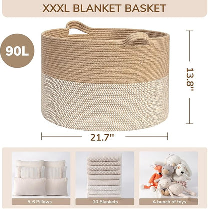 INDRESSME Extra Large Woven Baskets for Storage, 21.7'' x 13.8'' Wicker Basket with Handle for Blankets, Big Laundry Baskets for Clothes, Pillows, Towel, Shoe Basket for Entryway, 90L White Jute