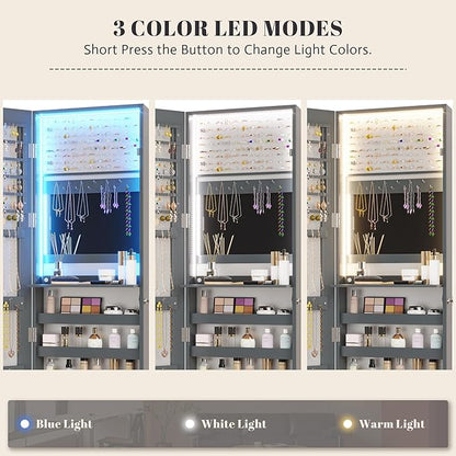 Vlsrka 47.2" LED Grey Jewelry Mirror Cabinet, Wall/Door Mounted Jewelry Armoire Organizer with Full-Length Mirror, Large Capacity Storage Hanging Cabinet, 4 Drawers, 5 Shelves