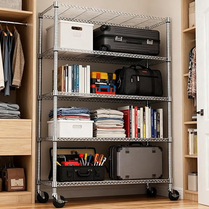 1750LBS 47.2" W 5 Tiers Storage Shelves Metal Shelving Unit with Wheels Heavy Duty Garage Shelving Adjustable Wire Shelves for Pantry,Kitchen,Garage,Basement,Chrome 17.7" D x 47.2" W x 76.8" H
