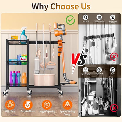 Broom Holder with Cleaning Supplies Organizer Load 350 LBS Cleaning Cart with Wheels Broom Closet Storage with 3-Tier Shelves, 6 Mop Hanger Grippers, 3 Double-Hooks, Vacuum Stand for Laundry Garage