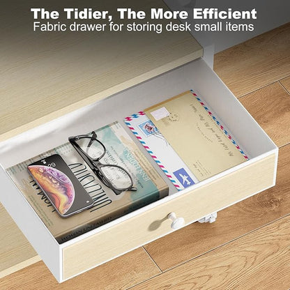 EasyCom 2-Tier Desktop Printer Stand with Large Drawer, Under Desk Storage with Wheels, Small Shelf with Storage for Paper Storage Printer Scanner Fax Home Office Use Beige