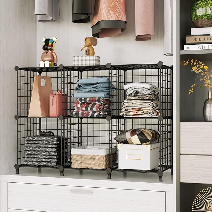 AWTATOS Wire Cube Storage Organizer, Closet Organizers and Storage, Metal 6 Cube Storage Shelves Bookshelf, Portable Closet Clothes Organizer for Bedroom, Home, Office, Black