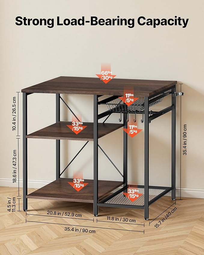 VEVOR Bakers Rack, 35.4 inch Width Microwave Stand,Kitchen Stand with X-Shaped Support Bar & 5 S-Shaped Hooks,Kitchen Storage Shelf for Dish Storage, Spice Jars, Coffee Bar Organization
