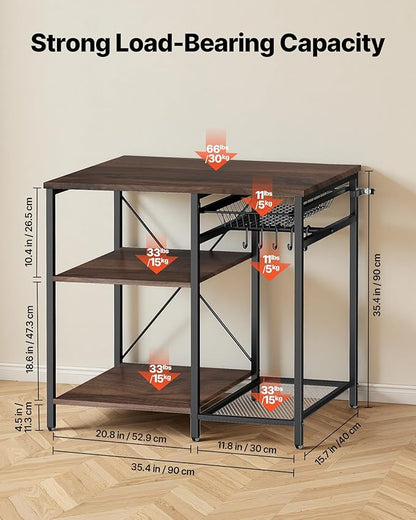 VEVOR Bakers Rack, 35.4 inch Width Microwave Stand,Kitchen Stand with X-Shaped Support Bar & 5 S-Shaped Hooks,Kitchen Storage Shelf for Dish Storage, Spice Jars, Coffee Bar Organization