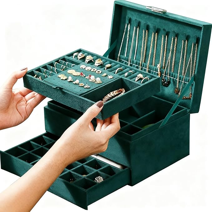 Jewelry Organizer Box for Women Girls, Jewelry Box 3-Tier Jewelry Display Case and Organizer,Lockable Jewelry Display Case Anti Tarnish,Varying Compartments for Necklaces, Bracelets, Rings