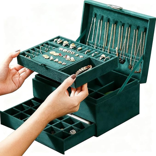 Jewelry Organizer Box for Women Girls, Jewelry Box 3-Tier Jewelry Display Case and Organizer,Lockable Jewelry Display Case Anti Tarnish,Varying Compartments for Necklaces, Bracelets, Rings