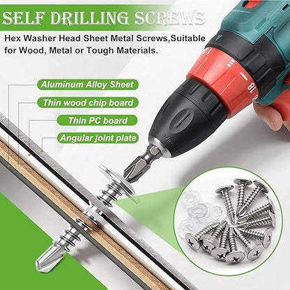 mxuteuk 480PCS #8×5/8" Self Tapping Screws,Self Drilling Screws for Metal,410 Stainless Steel Phillips Modified Truss Head Self Tapping Screw for Metal,Plastic,Wood(240pcs Silver Screw+240pcs Washer)