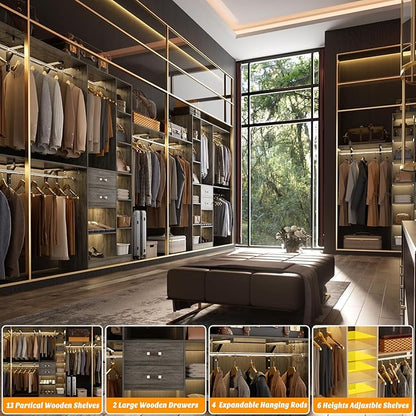 Upgraded 96 Closet System with 18 Storage Place, 8FT Closet Organizers System with 13 Shelves and 2 Wooden Drawers, 96'' Walk-in Closet with 4 Hanging Rods, Adjustable Garment Rack, Oak