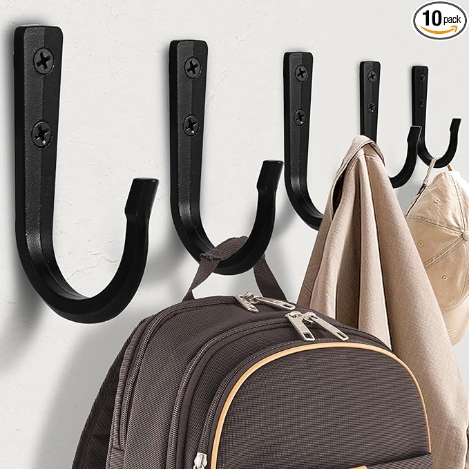 WODEGIFT 10Pcs Large Size Heavy Duty Wall Hooks, Coat Hooks, Wall Hooks for Hanging Pans, Backpacks, Coats, Garage Items (Black)