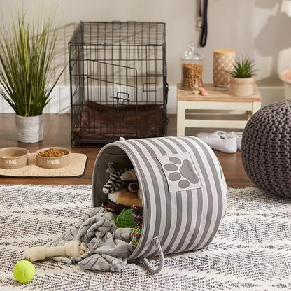 Bone Dry Pet Storage Collection Striped Paw Patch Bin, Medium Round, Gray
