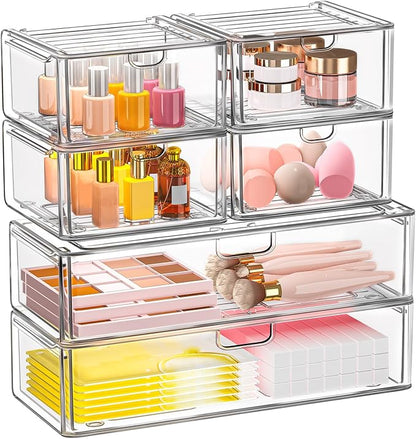 Acrylic Storage Drawers Set of 6, Clear Makeup Organizer, Plastic Organizer Bins for Beauty Supplies,Ideal for Vanity, Bathroom,Cabinet,Pantry Organization